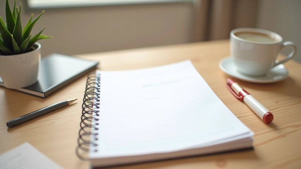Open notebook with budget calculations and pen on wooden desk, organized workspace