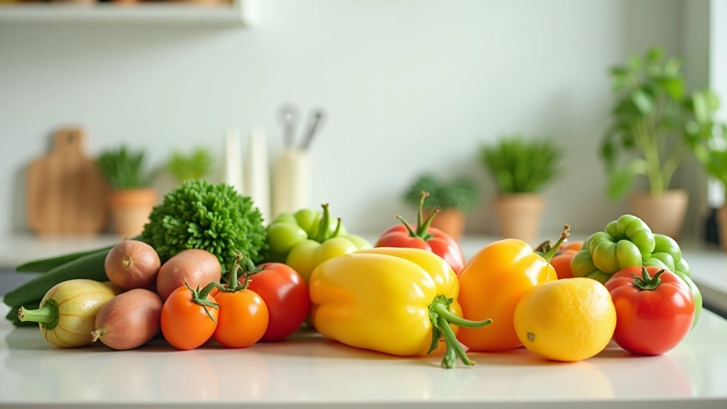 Fresh vegetables and ingredients laid out on kitchen counter, natural light, clean preparation space