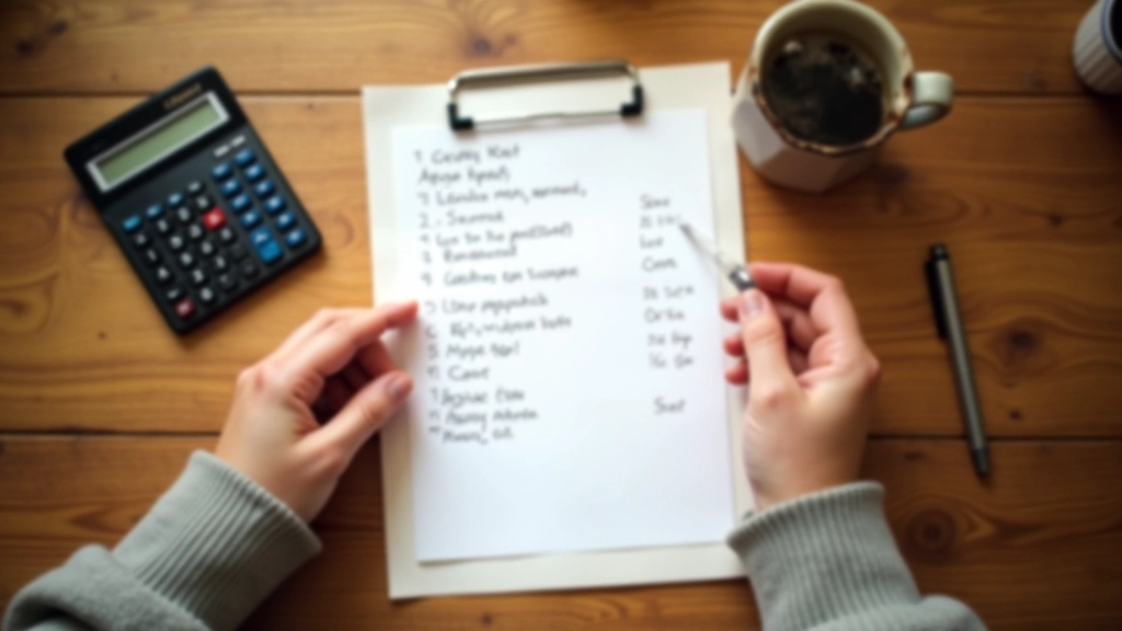 Hands holding a handwritten grocery list next to a calculator and budget spreadsheet on wooden table