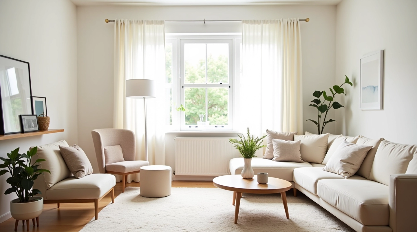 Minimalist home interior with clean lines, natural light, and carefully selected furniture and decor