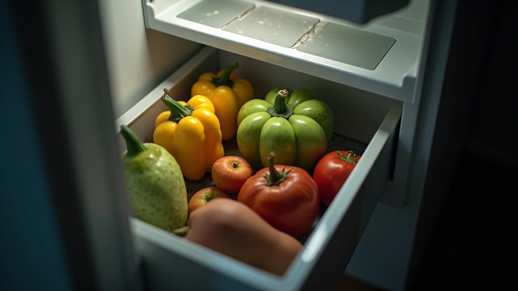 Wilted vegetables and spoiled food in an open refrigerator drawer, dim interior lighting, realistic kitchen scene