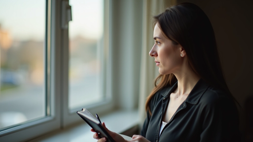 Person reflecting at window with notebook and pen, thoughtful expression, natural light