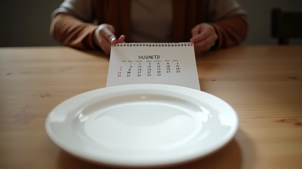 Person sitting at dining table with empty plate and calendar marked with dates