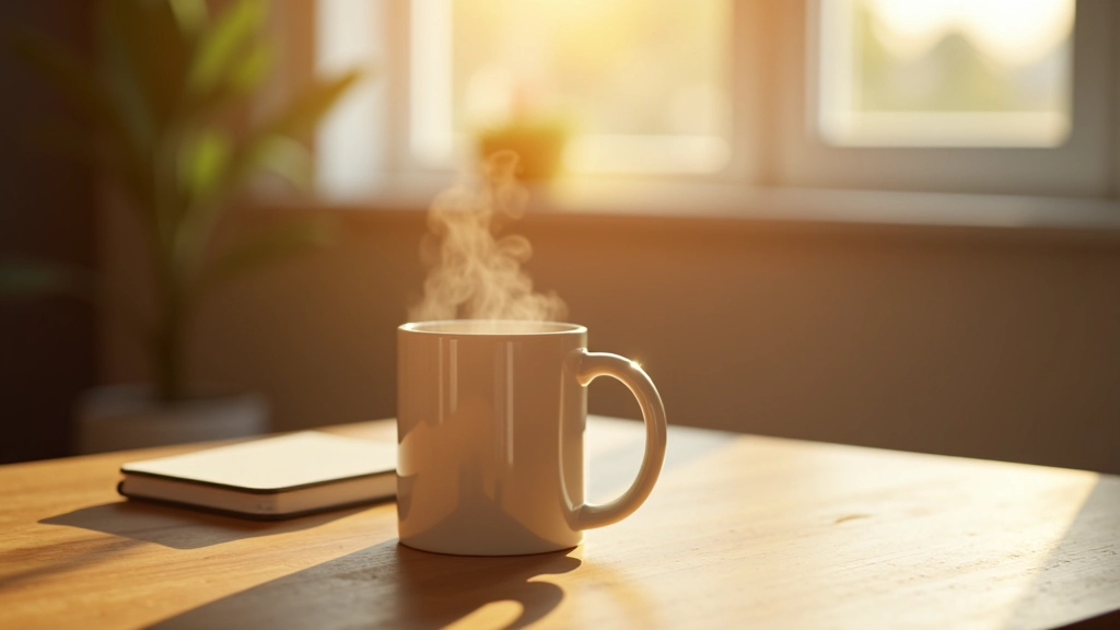 Warm mug of coffee on wooden table with notebook, morning light from window, minimalist home setting